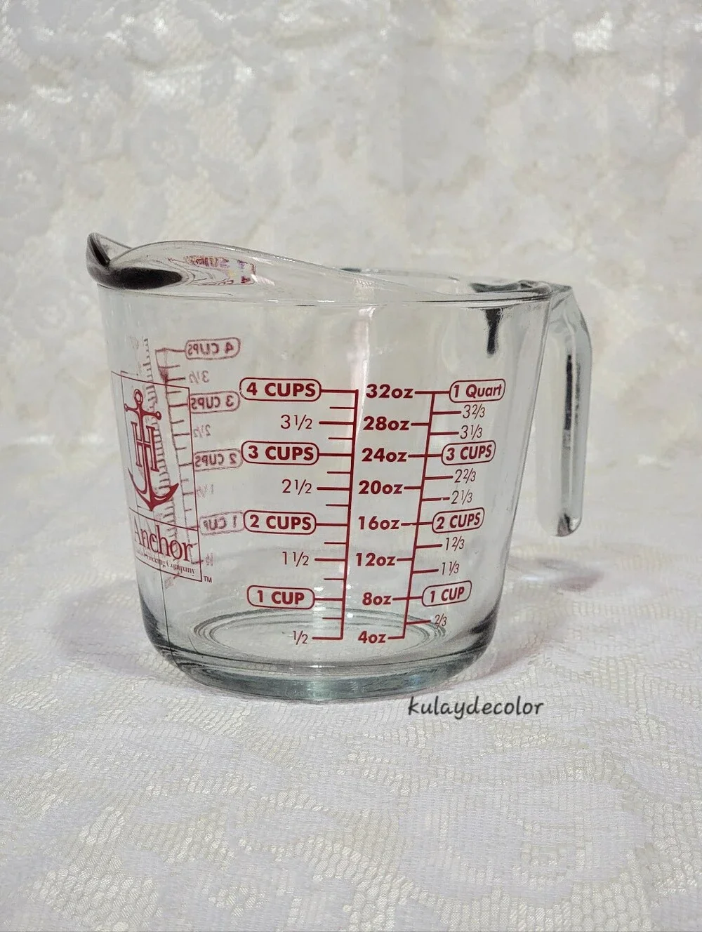 Anchor Hocking 4 Cup 1 Quart Glass Measuring Cup Red Lettering 32 oz 1 Liter